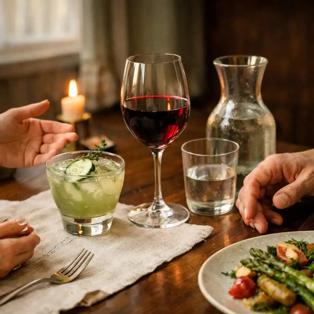 Une table de restaurant avec un cocktail maison, un verre de vin, une carafe d’eau et une assiette de saison, entourés de mains en conversation.