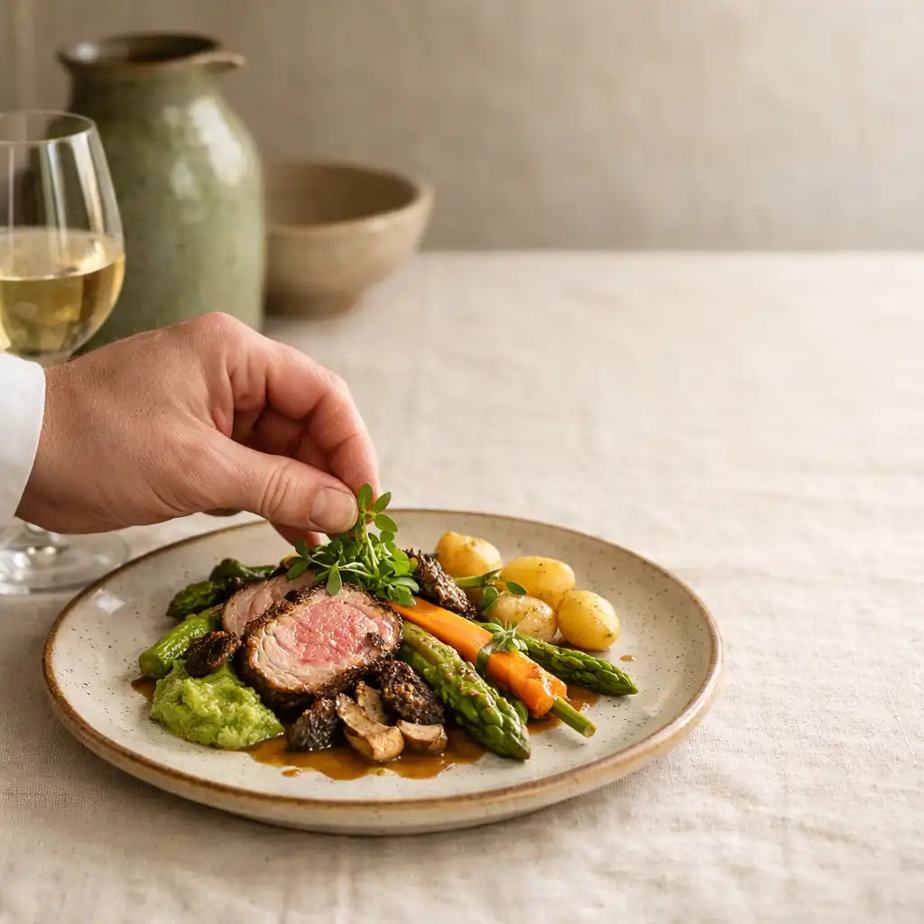 Assiette de saison dressée sur une nappe de lin, tandis qu'une main termine le service