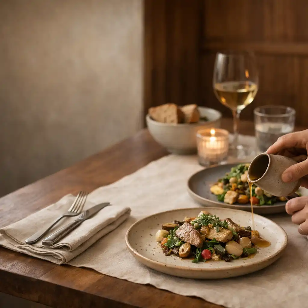 Assiettes de saison, linge clair et mains de convives autour d’une table de Maison Muscade
