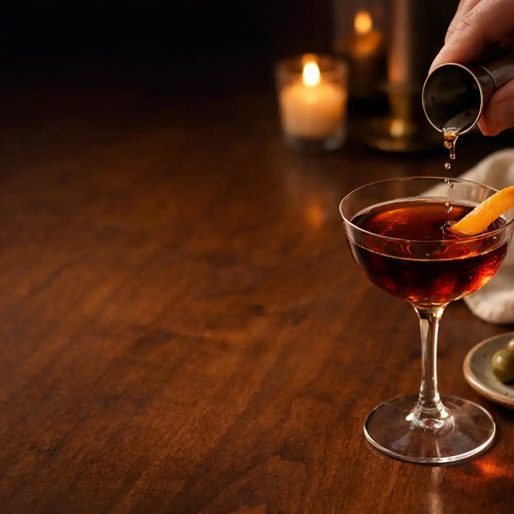 Une main termine le service d’un cocktail maison sur une table en noyer, avec linge écru et lumière du soir.
