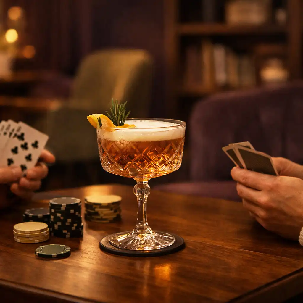 Cocktail servi sur une table en noyer, avec cartes et mains de convives dans un salon feutré.