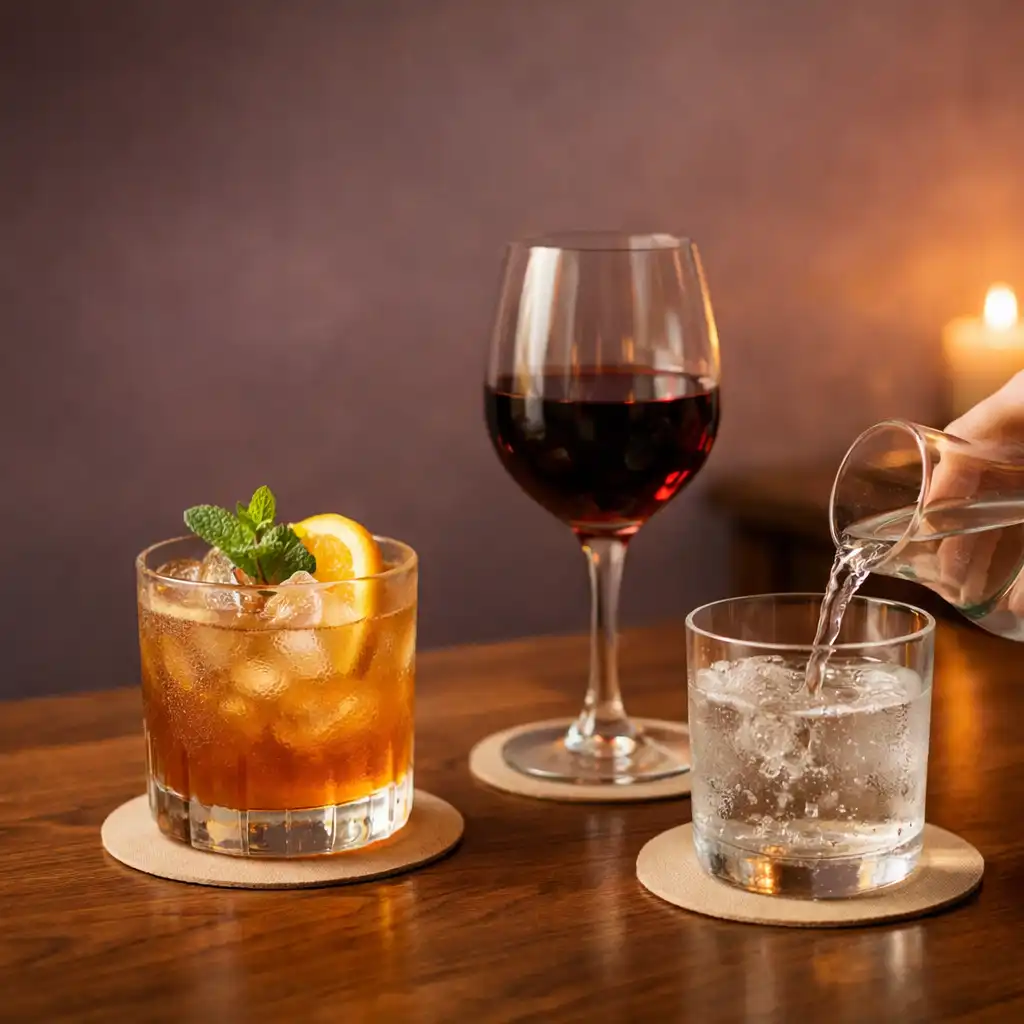 Cocktail, verre de vin et boisson sans alcool sur une table en noyer pendant un service