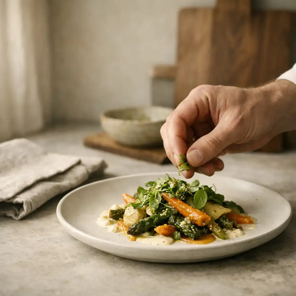 Main finalisant une assiette de saison avec des herbes sur une céramique mate