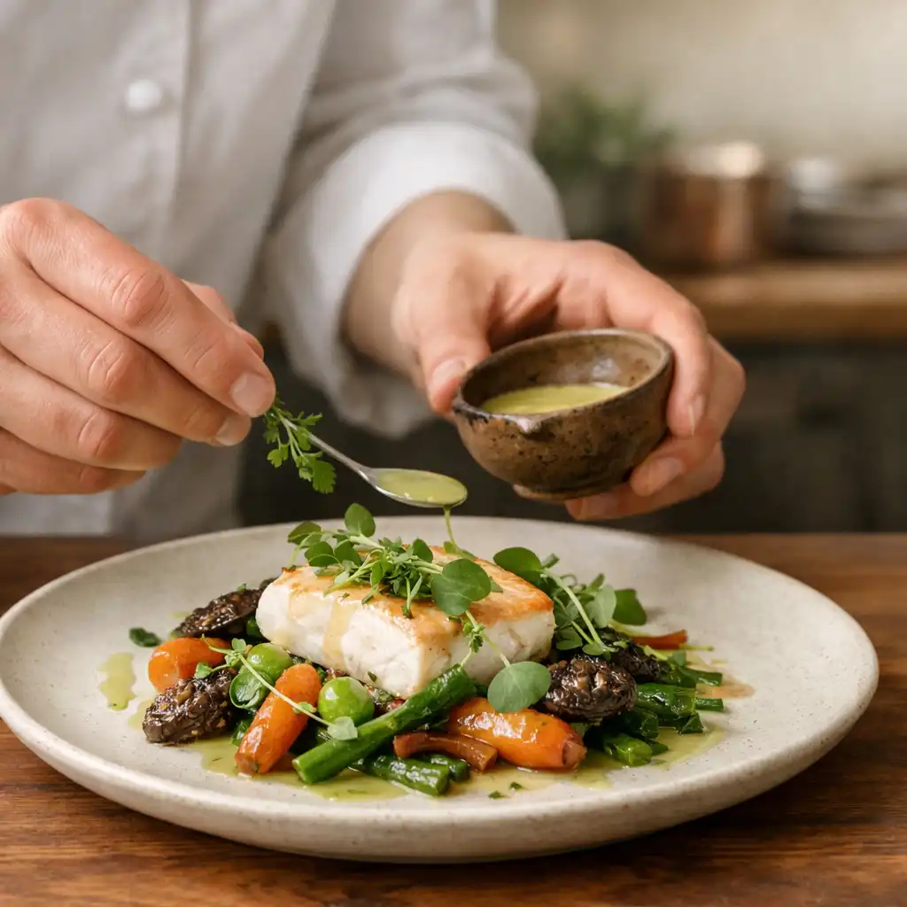Mains terminant une assiette de saison avec des herbes fraîches sur une céramique mate.