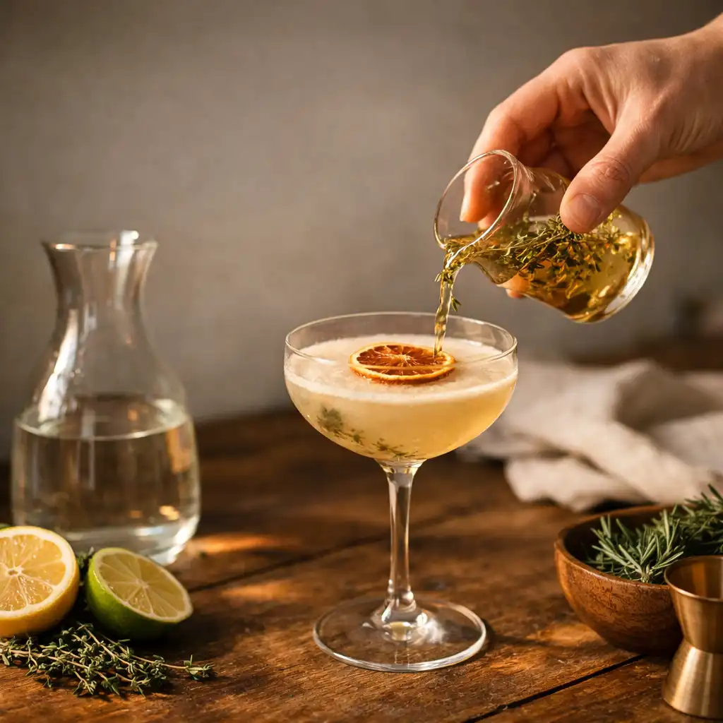 Main préparant un cocktail maison dans un verre élégant, avec herbes et lumière dorée.