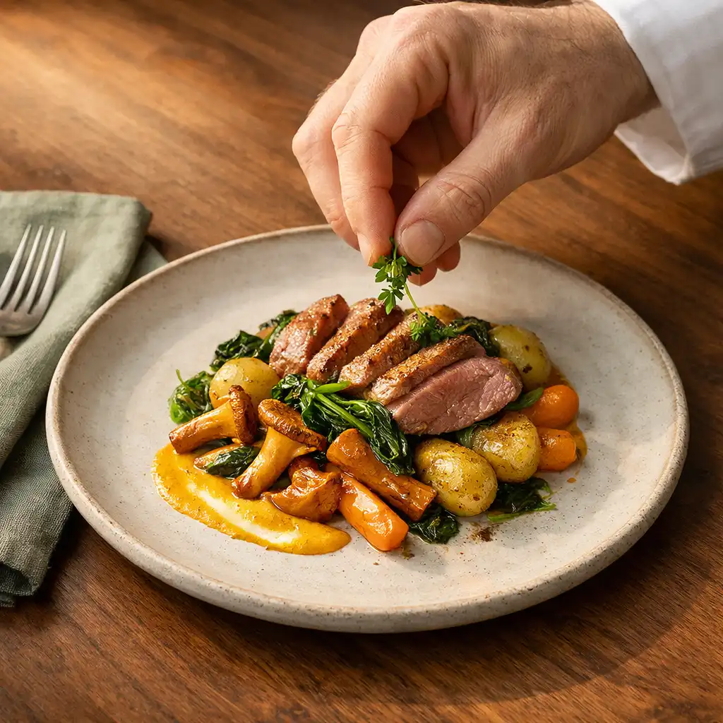 Mains ajoutant une herbe fraîche à une assiette de saison en céramique sur une table en noyer.