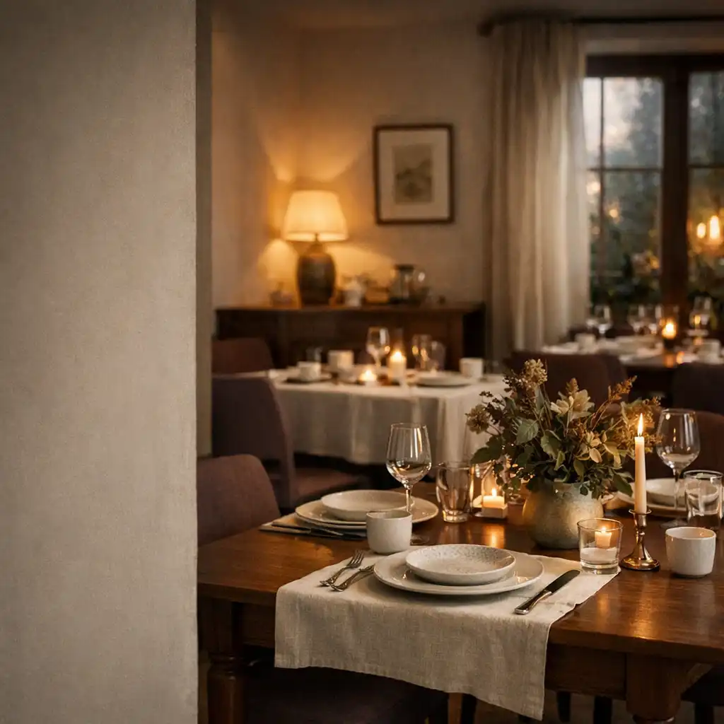 Salle à manger chaleureuse avec table en noyer, linge clair, céramique et lumière de bougie.