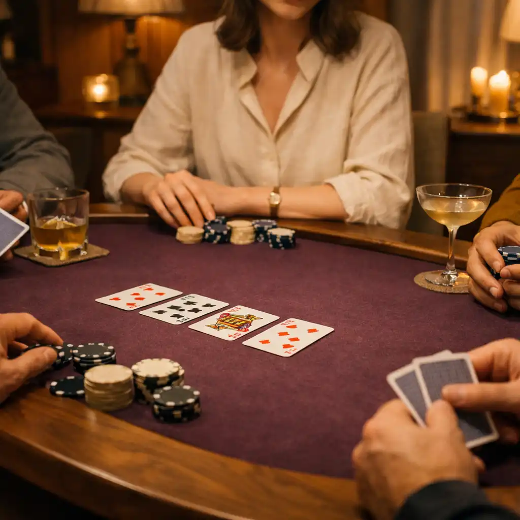 Vraie table de poker au feutre aubergine, cartes, jetons et mains de joueurs dans un salon feutré.