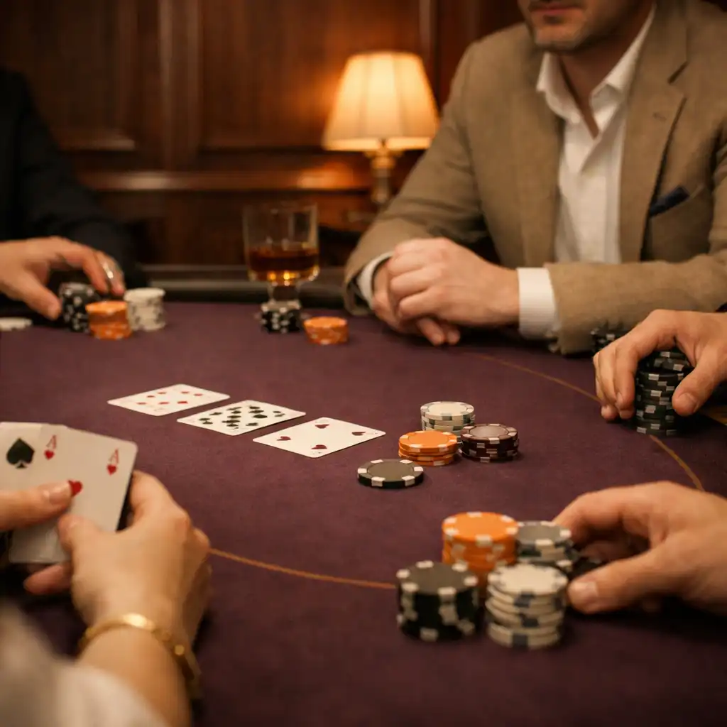 Quatre convives réunis autour d’une vraie table de poker en bois, dans un salon chaleureux aux lumières de bougies.