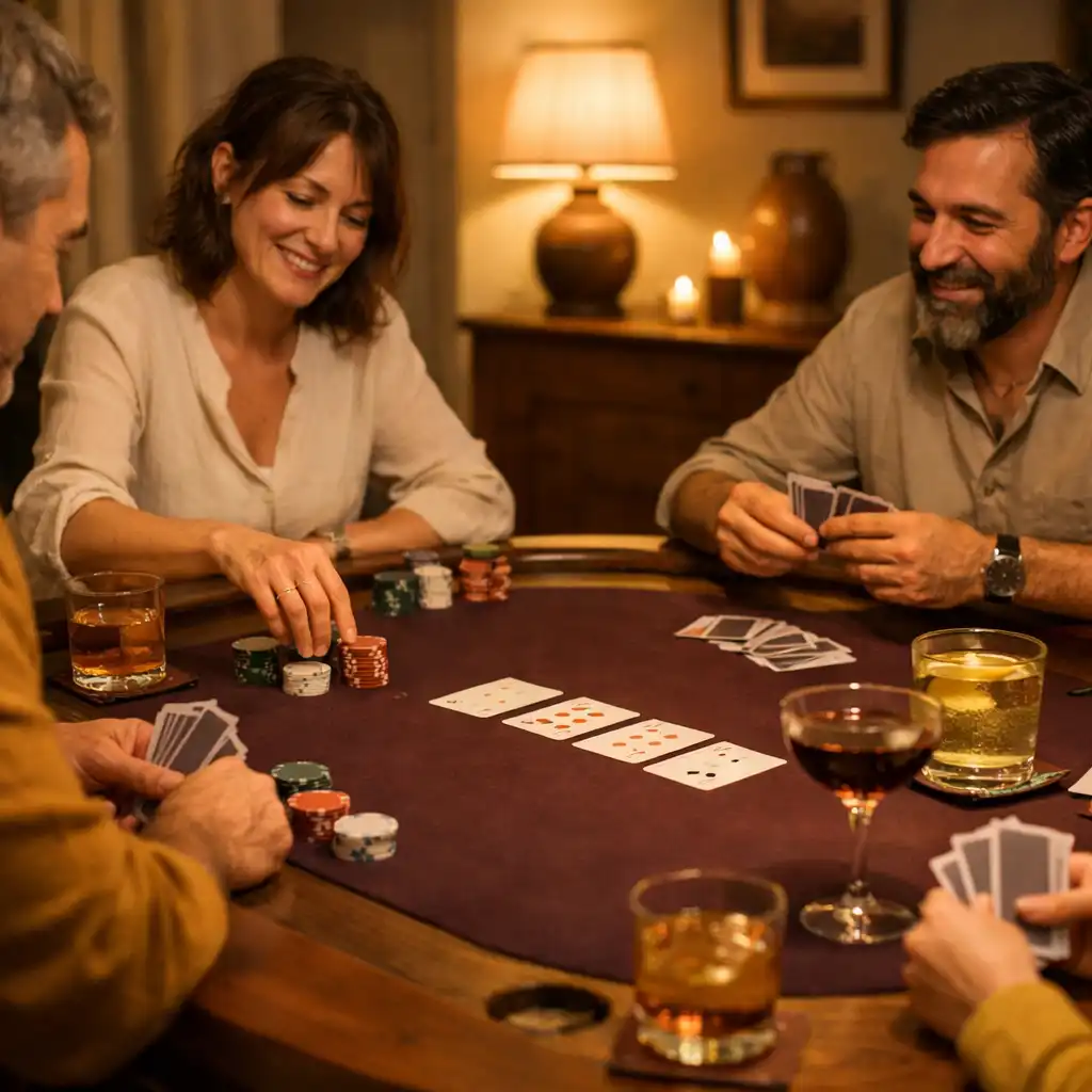 Des adultes jouent en personne autour d’une vraie table de poker en bois avec tapis aubergine, cartes, jetons sobres, cocktails et boissons sans alcool.