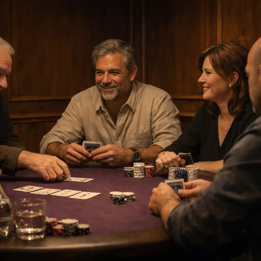 Adultes réunis autour d'une vraie table de poker avec cartes et jetons dans un salon aubergine