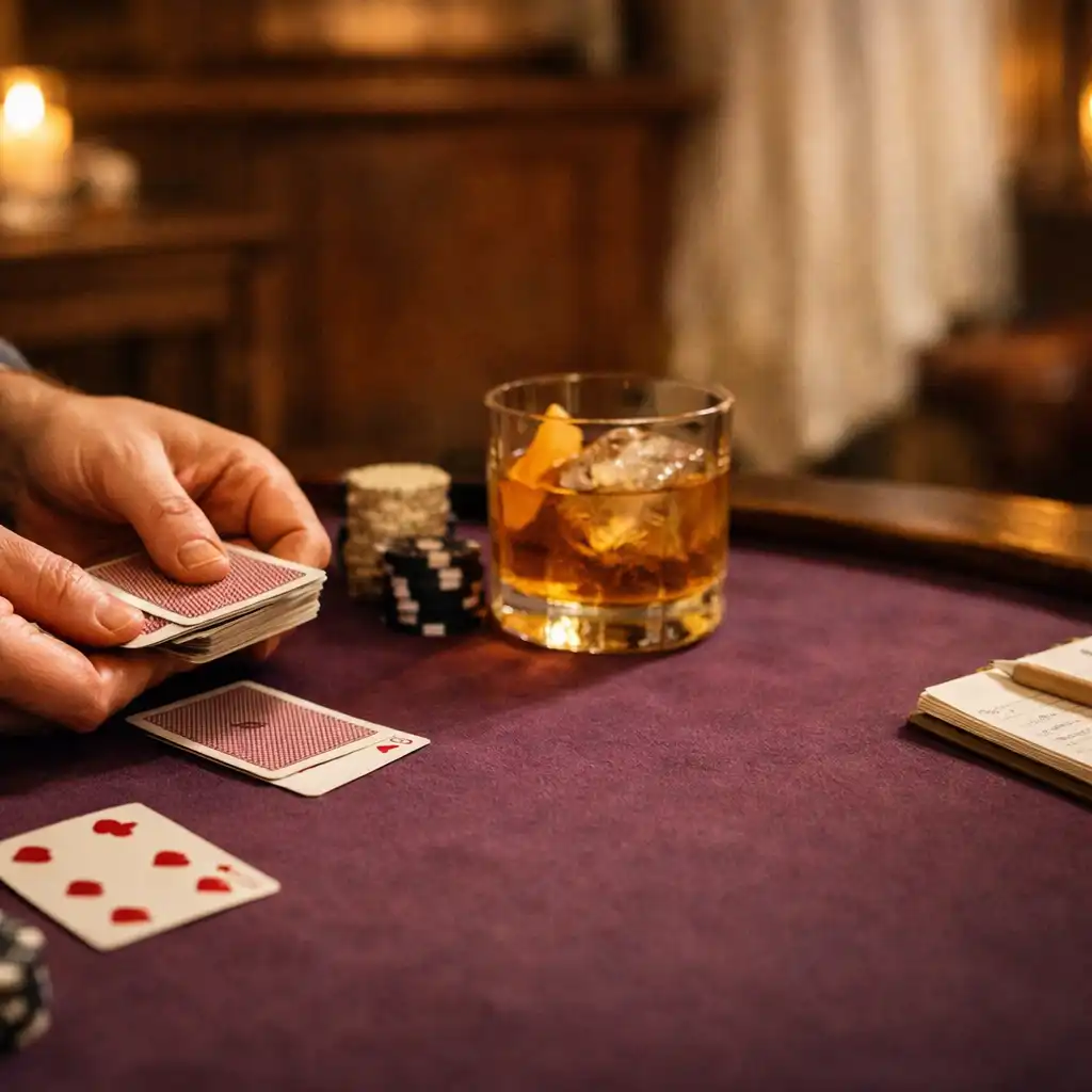 Mains d’adultes distribuant des cartes sur une table de poker en feutre aubergine, avec jetons sobres et verre ambré.