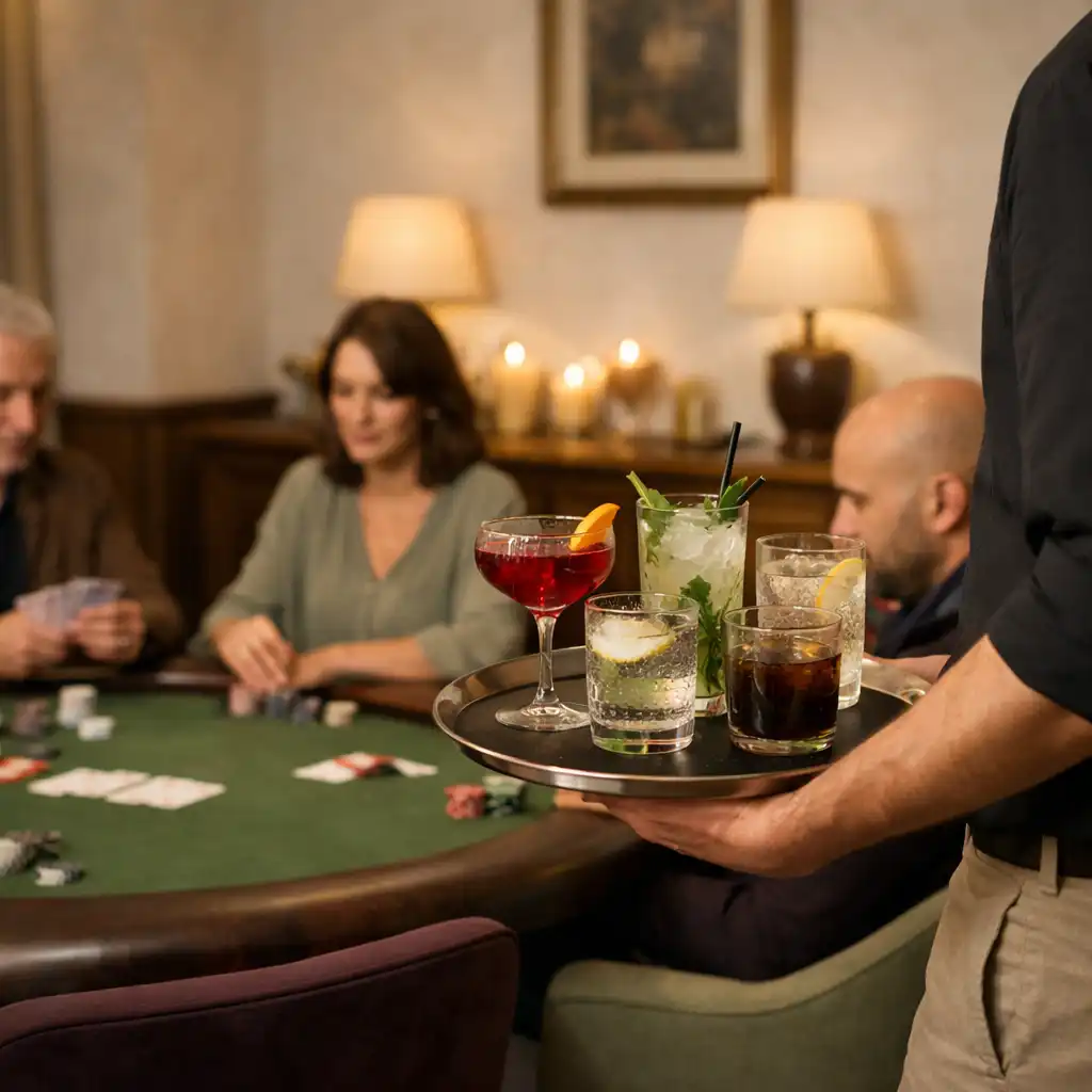 Table en noyer avec assiette de saison, cocktails, cartes et jetons dans une ambiance de dîner intime
