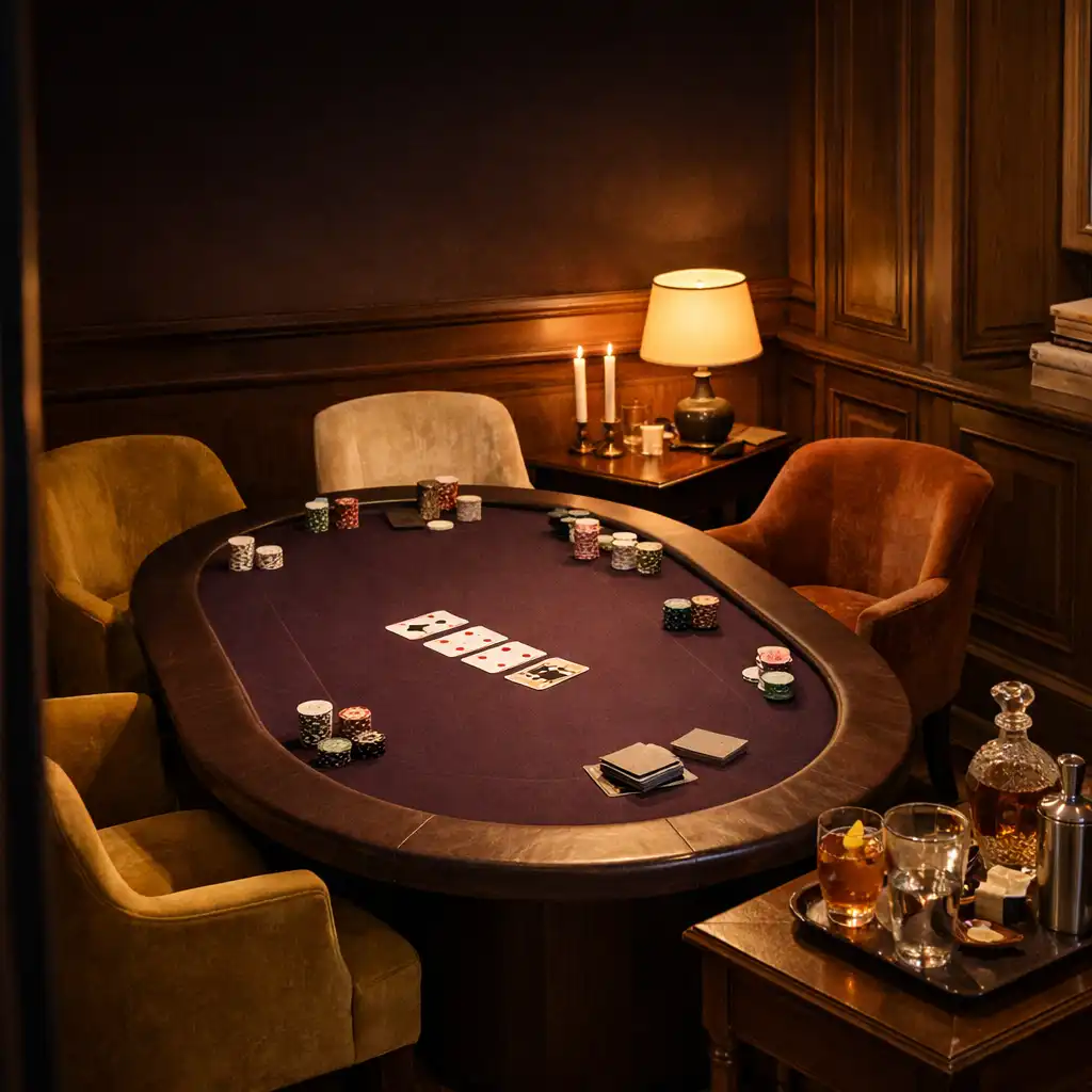 Table ovale de poker en feutre aubergine, fauteuils en velours, cartes et jetons dans un salon éclairé par des lampes chaudes.