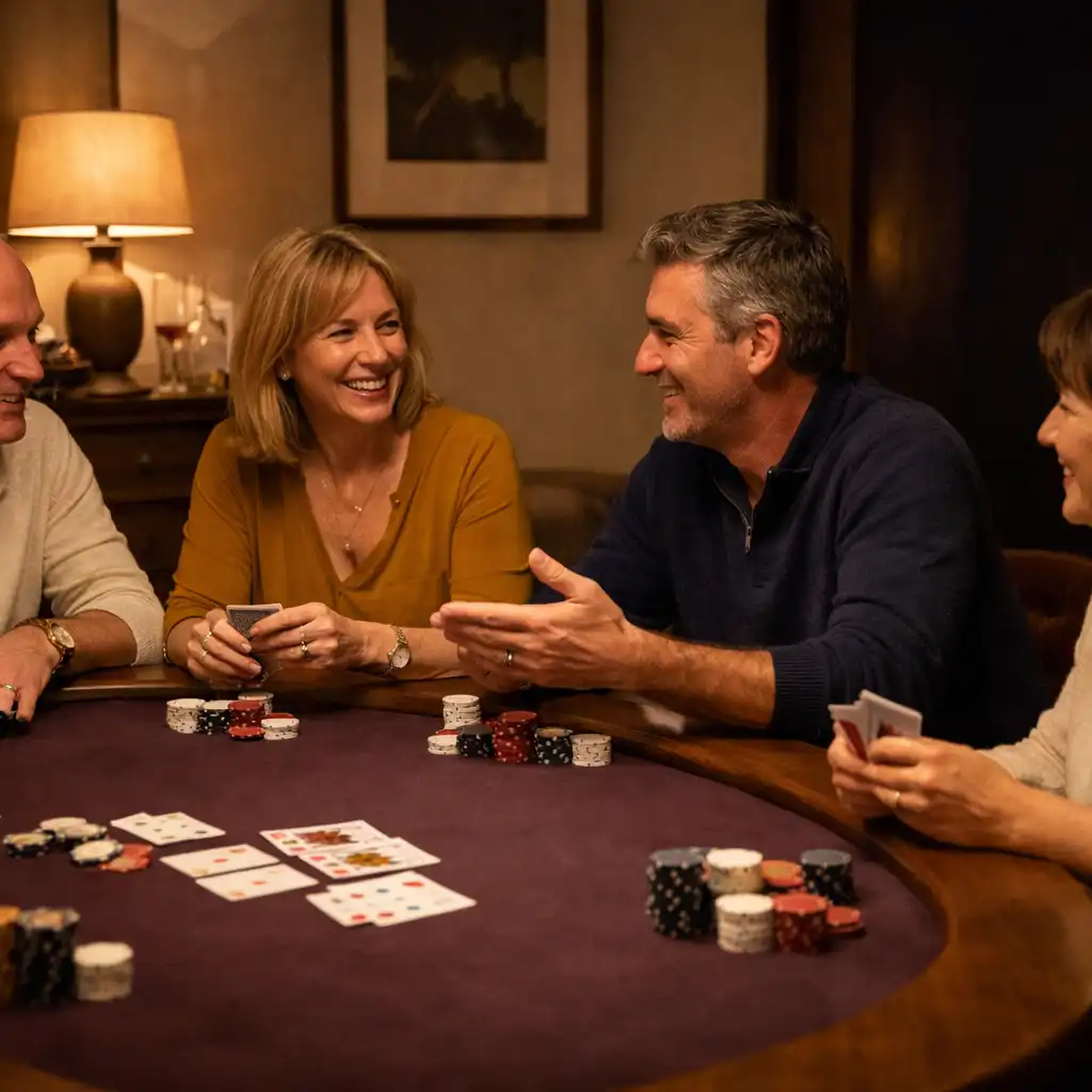 Adultes réunis autour d’une vraie table de poker avec cartes, jetons sobres et feutre aubergine.