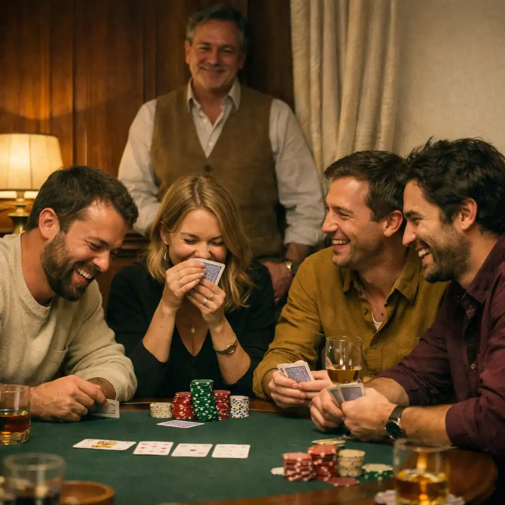 Petit groupe d’amis autour d’une table de poker dans un salon privé chaleureux.