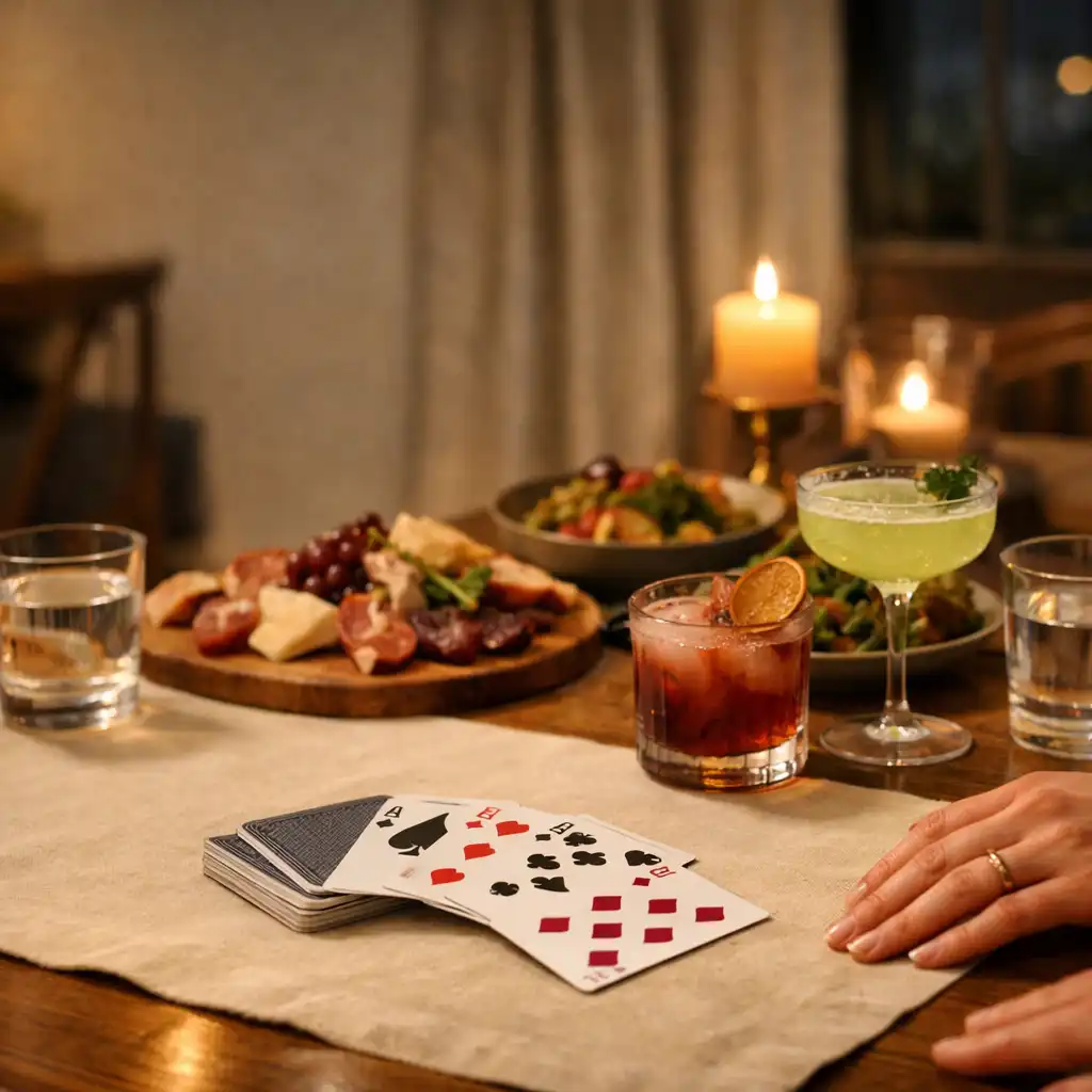 Une table de salon avec cartes posées, cocktails maison, verres d’eau et petits plats de saison à partager.