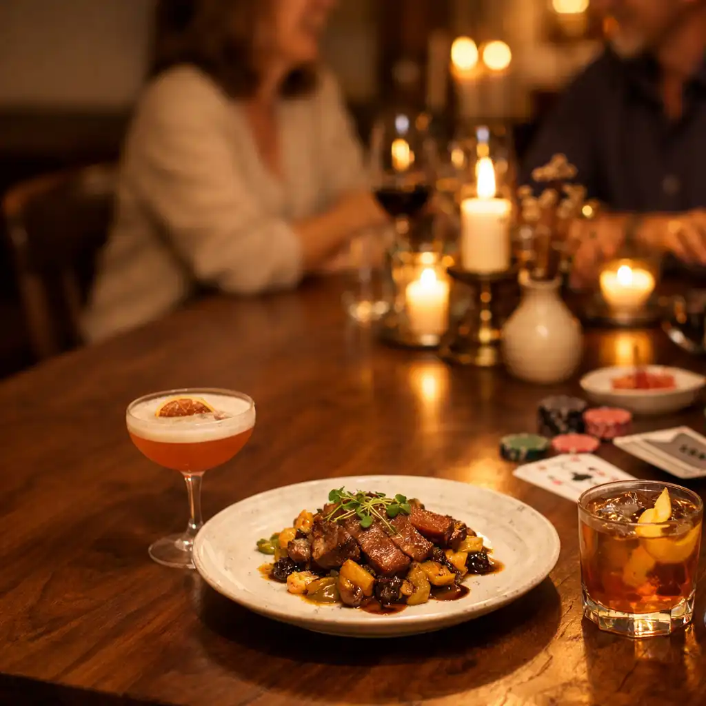 Table en noyer avec assiette de saison, cocktails, cartes et jetons dans une ambiance de dîner intime
