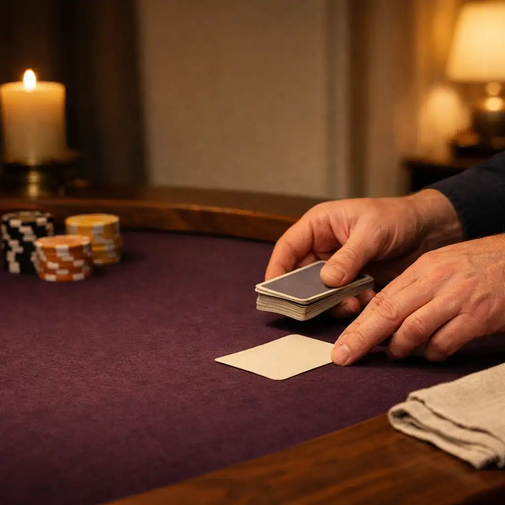Des mains adultes distribuent des cartes sur un feutre aubergine, près de quelques jetons sobres et d’une serviette en lin.